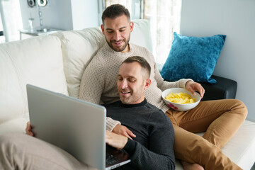 Gay couple consulting their travel plans together with a laptop.