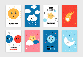 Cute clouds posters. Childish cartoon greeting cards with Sun, Moon clouds and planets. Vector isolated set