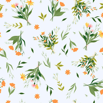 Seamless pattern with bouquets of wildflowers. Vector graphics. © Екатерина Зирина