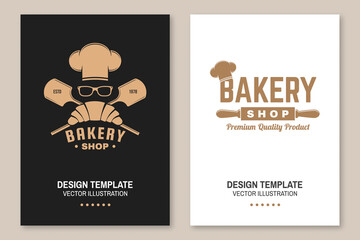 Bakery shop flyer, brochure, banner, poster. Vector Design with croissant, bread shovels, chef hat and ears of wheat silhouette. Template for bakery, restaurant identity objects, packaging and menu