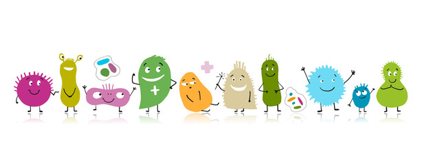Funny and scary bacteria characters isolated on white. Vector icons of gut and intestinal flora, germs, virus.