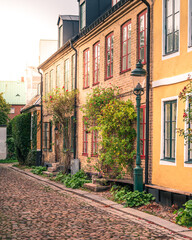 Fototapeta na wymiar Historical town houses on a narrow cobblestoned street in medieval parts of city Lund Sweden