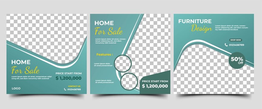 Set of Editable social media post template for real estate, home sale, or furniture sale. Vector design with a place for photo. Suitable for social media ads, flyers, sign, banners, and web ads.