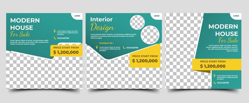 Set of Editable social media post template for real estate, home sale, or furniture sale. Vector design with a place for photo. Suitable for social media ads, flyers, sign, banners, and web ads.