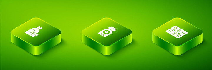 Set Isometric Medicine bottle, Pills blister pack and Bottle of medicine syrup icon. Vector.