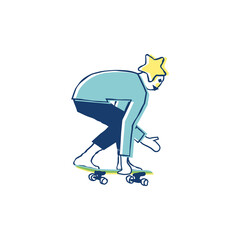 Young sportsman star head character playing skateboard. Skateboarder use surf skate doing skateboard trick bent. Vector illustration for graphic design or surf skate content background