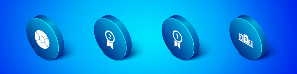 Set Isometric Football ball, Medal, Award over sports winner podium and icon. Vector.
