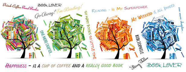 Library tree with books, four seasons of reading