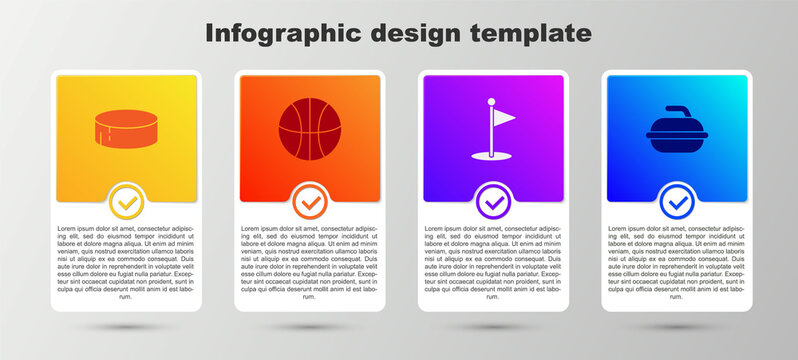 Set Hockey puck, Basketball ball, Golf flag and Stone for curling sport game. Business infographic template. Vector.