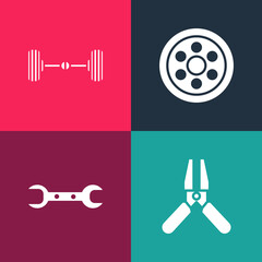 Set pop art Car battery jumper power cable, Wrench spanner, Alloy wheel and Chassis car icon. Vector.