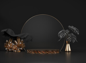 Abstract podium with monstera pot and crystals decoration in black background 3d render