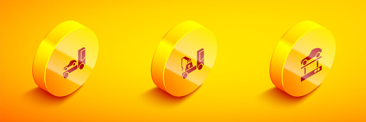 Set Isometric Car transporter truck, Tow and Repair car on lift icon. Vector.