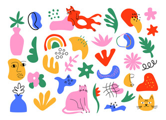 Abstract cat set. Modern trendy graphic stickers with cats, leaves and organic shapes. Vector isolated design elements
