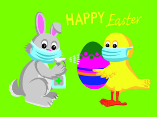 Cute cartoon style illustration of Easter bunny and chick disinfecting Easter egg