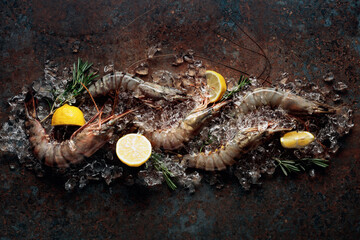 Fresh tiger prawns with lemon, rosemary and crushed ice.