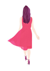 赤いワンピースで歩く女性の後ろ姿