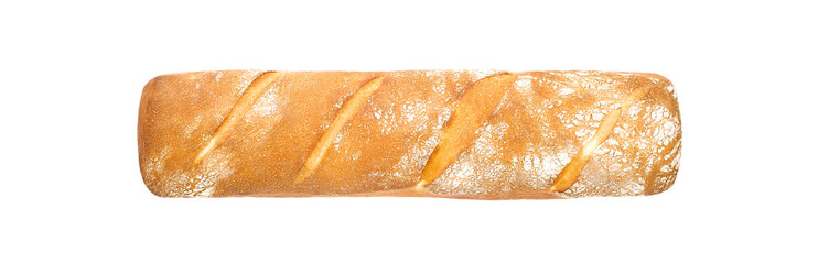 French baguette, long bread, light loaf, isolated on white background with clipping path. Top view.