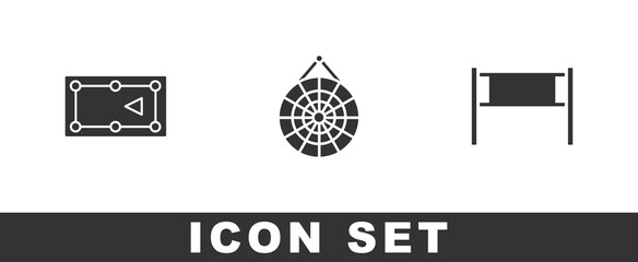 Set Billiard table, Classic dart board and Volleyball net icon. Vector.