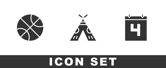Set Basketball ball, Indian teepee or wigwam and Calendar with date July 4 icon. Vector. © Kostiantyn