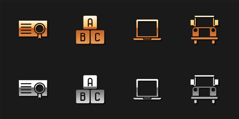 Set Certificate template, ABC blocks, Laptop and School Bus icon. Vector.
