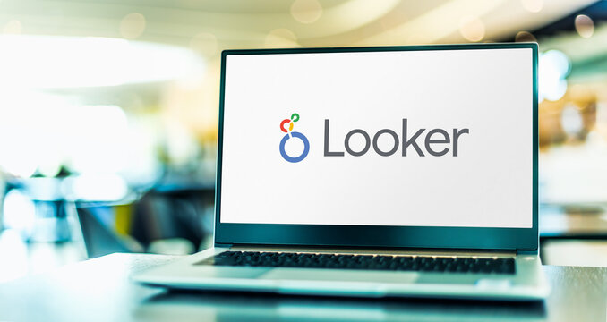 Laptop computer displaying logo of Looker Data