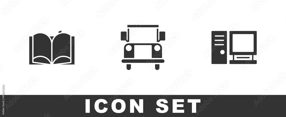 Poster set open book, school bus and computer monitor icon. vector.