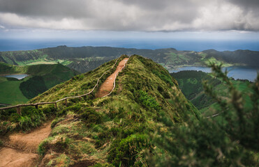 Fototapeta premium View from Miradouro da Boca do Inferno to Sete Citades, Azores, Portugal