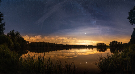 Panorama lake in the eventing with Jupiter and Saturn Andromeda