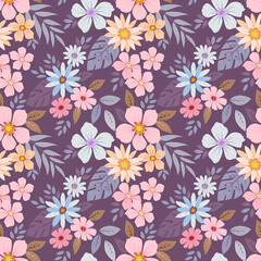 Fototapeta na wymiar Colorful hand drawn flowers on purple color background seamless pattern design. can use for fabric textile wallpaper background.