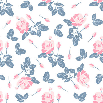 Delicate pink roses seamless pattern. Hand drawn flat vintage silhouettes of flowers and leaves on white. Retro floral background for scrapbooking wrapping paper. Stock vector illustration.