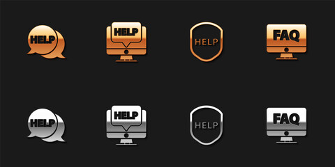 Set Speech bubble with text Help, Computer monitor and help, Shield and FAQ icon. Vector.