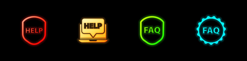 Set Shield with text Help, Laptop and help, FAQ and Label icon. Vector.