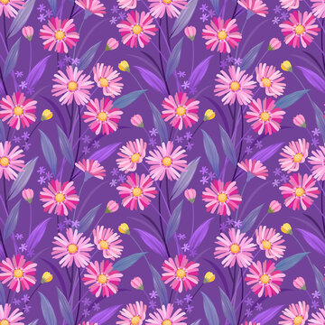 Pink hand drawn flowers on purple color background seamless pattern design. can use for fabric textile wallpaper background.
