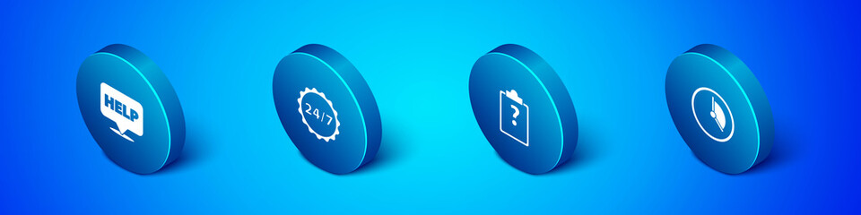 Set Isometric Speech bubble with text Help, Clipboard question marks, Time Management and Clock 24 hours icon. Vector.