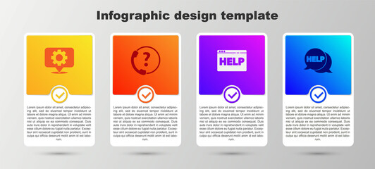 Set Location with gear, Telephone 24 hours support, Browser help and Speech bubble text Help. Business infographic template. Vector.