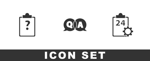 Set Clipboard with question marks, Question and Answer and Checklist 24 hours service icon. Vector.