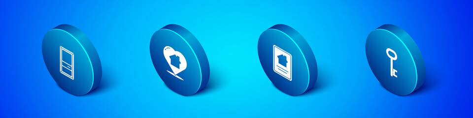 Set Isometric Closed door, Online real estate house, House key and with heart shape icon. Vector.