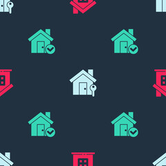 Set House, with key and check mark on seamless pattern. Vector.