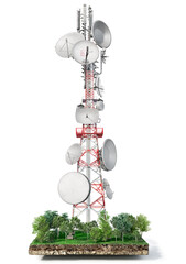 5g tower at the island among trees on a white background 3d illustration