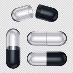 Empty pill capsules isolated on transparent background. Vector realistic mockup of medical capsule pill. - obrazy, fototapety, plakaty