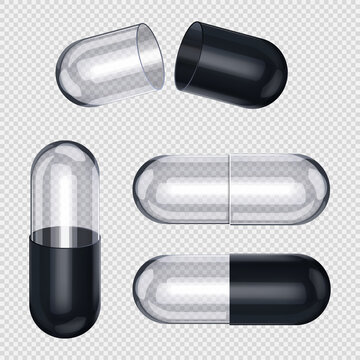 Empty pill capsules isolated on transparent background. Vector realistic mockup of medical capsule pill.