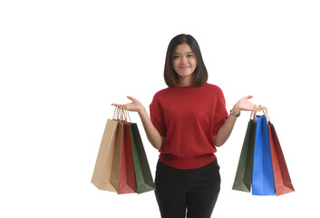 Young Asian women is shopping happily, on a white background.