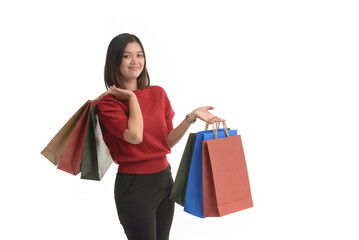 Young Asian women is shopping happily, on a white background.