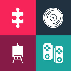 Set pop art Gamepad, Easel or painting art boards, Vinyl disk and Piece of puzzle icon. Vector.