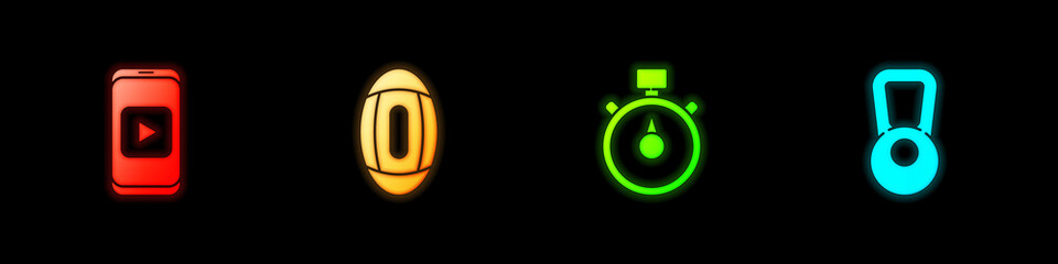 Set Online play video, American Football ball, Stopwatch and Kettlebell icon. Vector.