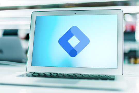 Laptop computer displaying logo of Google Tag Manager