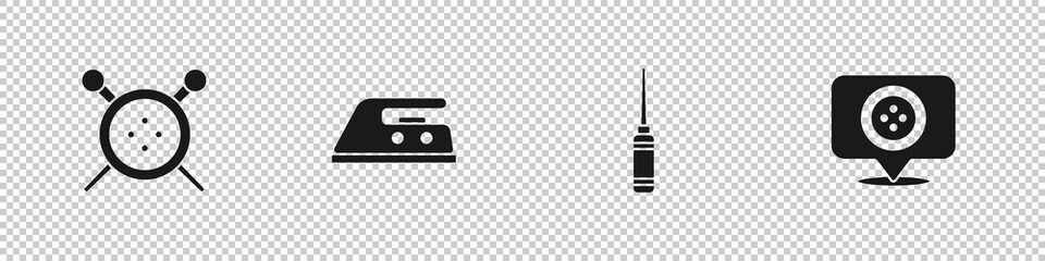 Set Sewing button and knitting needles, Electric iron, Awl tool and Location tailor shop icon. Vector.