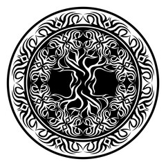 yggdrasil, viking tree of life, in ornamental tribal round frame