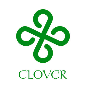 Logotipo abstracto con texto CLOVER con trébol lineal entrelazado de 4 hojas en color verde