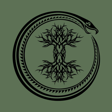 ouroboros serpent curled up around yggdrasil, viking tree of life